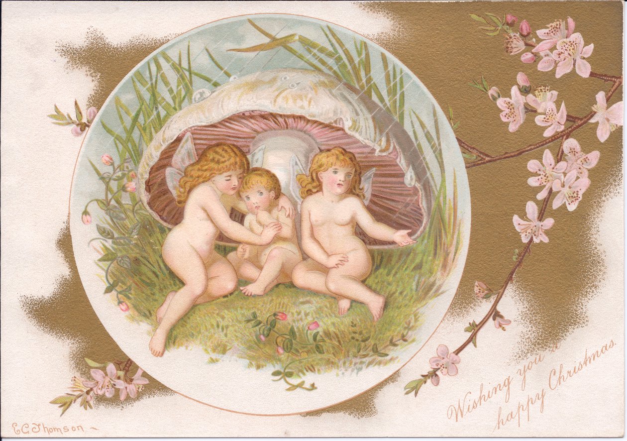 Un Natale vittoriano di un gruppo di fate che si riparano dalla pioggia sotto un fungo, di Gertrude Thompson, c.1895 da E. Gertrude Thompson