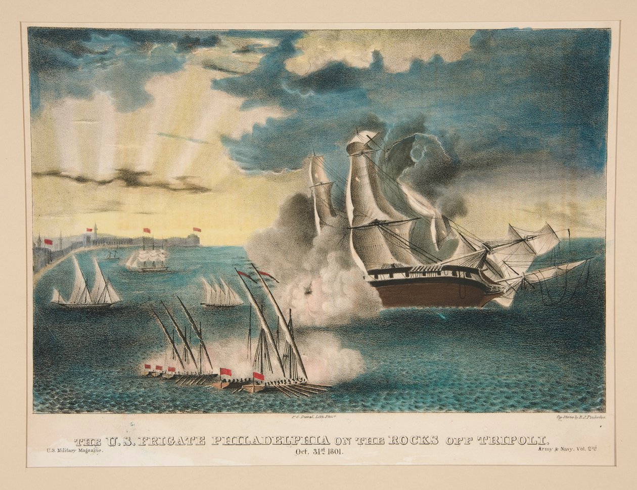 La fregata americana Philadelphia sugli scogli al largo di Tripoli (Dal U.S. Military Magazine Army and Navy, Vol. II) da E. J. Pinkerton