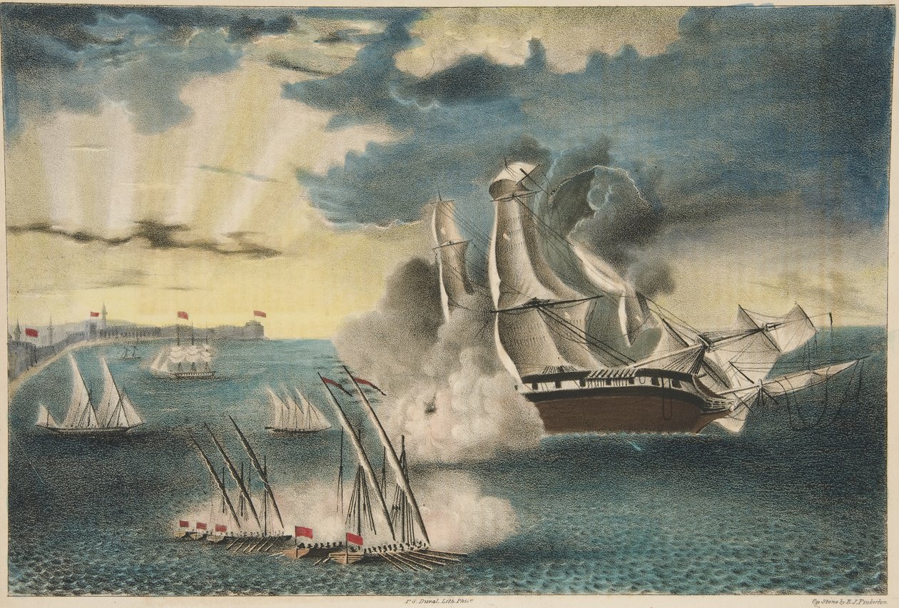 La fregata americana Philadelphia sugli scogli al largo di Tripoli da Army and Navy Magazine, pub. 1840 da E. J. Pinkerton