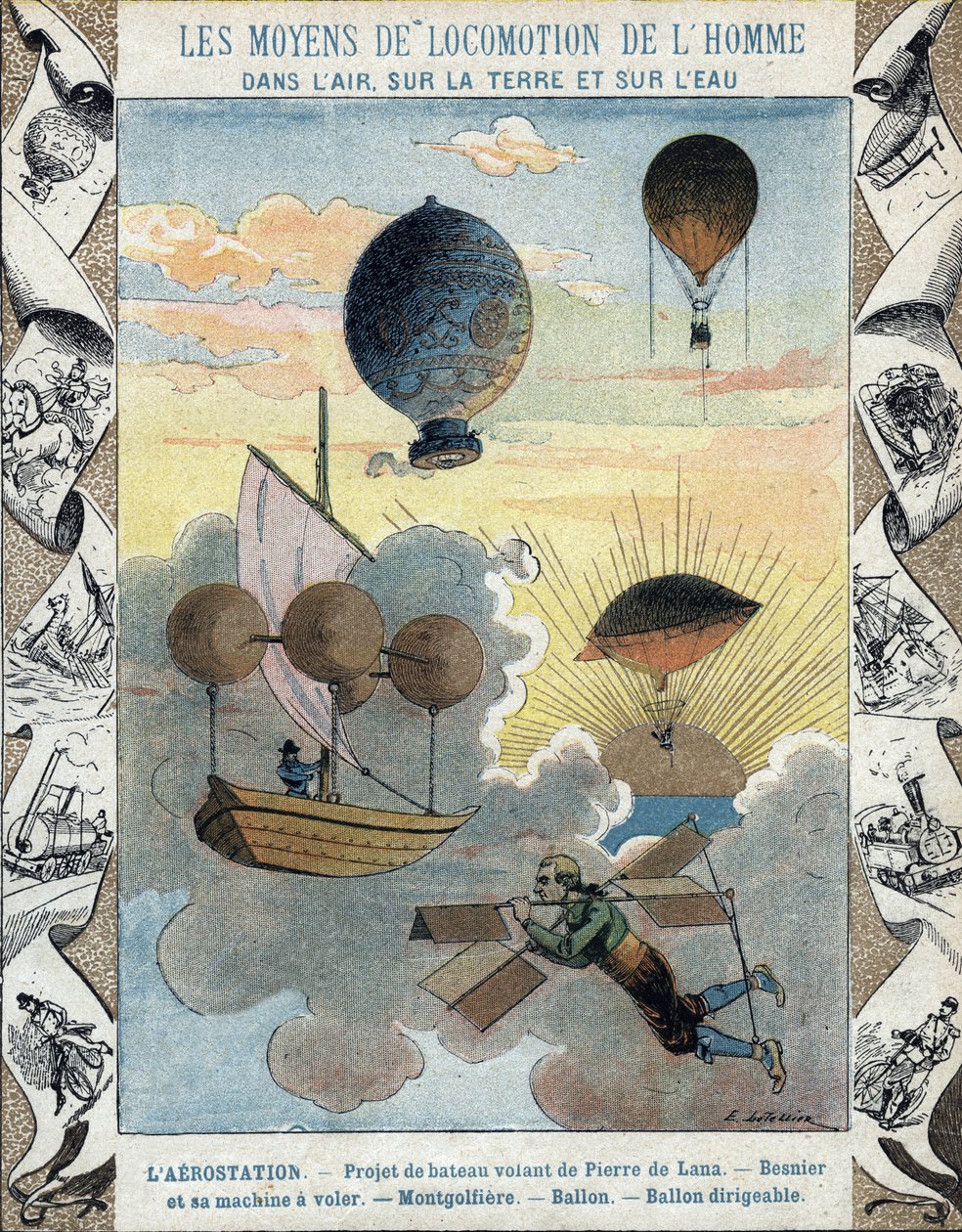 Aerostazione - Progetto di barca volante di Pierre de Lana - Aeromobile volante di Besnier (1678) - Pallone - Pallone - Dirigibile - illustrazione di E Letellier da E. Letellier