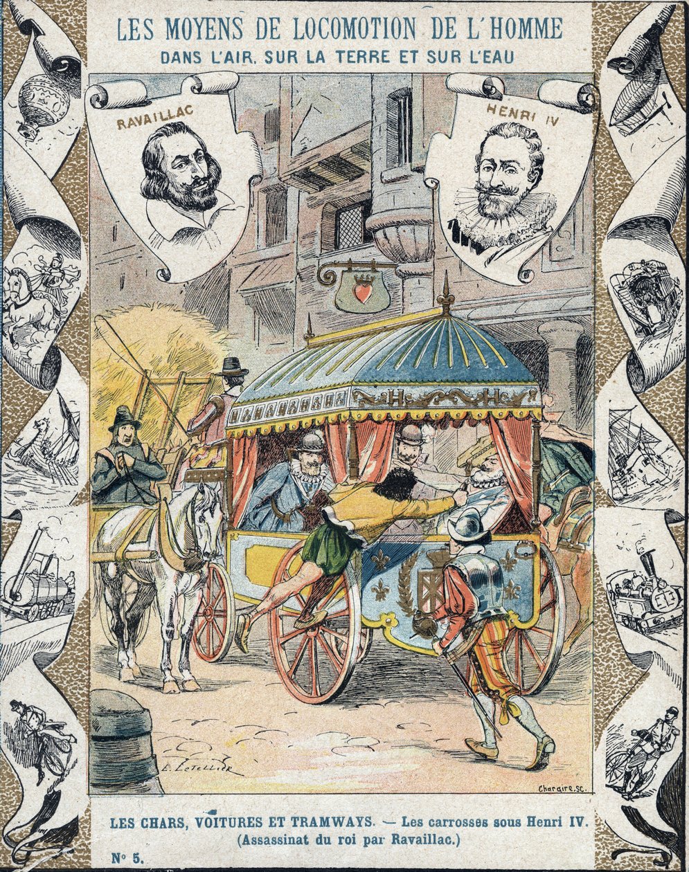 Assassinio di Enrico IV da parte di François Ravaillac nella rue de la Ferronerie il 14 maggio 1610 - Da una copertina protettiva per libri scolastici, fine XIX secolo - Morte di Enrico IV: Assassinio di Enrico IV (1553 - 1610) il 14 maggio 1610 da Françoi da E. Letellier