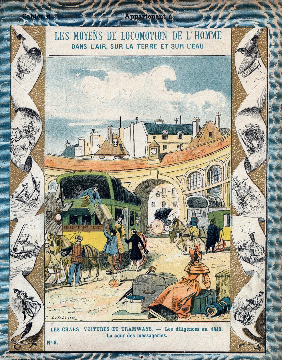 Diligenza nel 1840 - la corte delle messaggerie - Dal proteggi quaderni per libri scolastici, fine XIX secolo - illustrazione di E. Letellier da E. Letellier