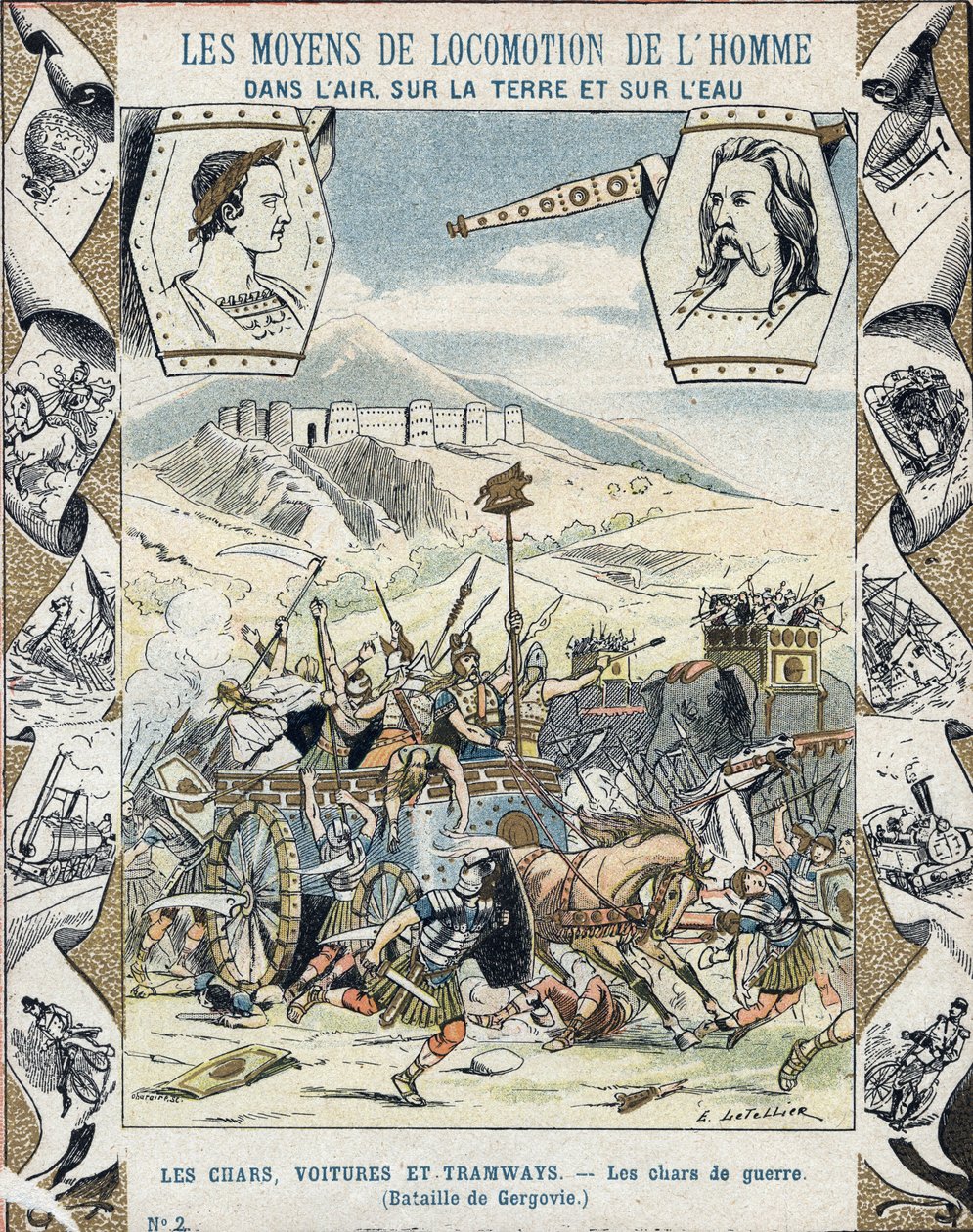 Carri da guerra gallici alla battaglia di Gergovia - Da una copertina protettiva per libri scolastici, fine XIX secolo - Tanks de guerre a faux - Vercingetorige alla battaglia di Gergovia (52 a.C.) durante la guerra dei Galli - illustrazione di E Letellier da E. Letellier