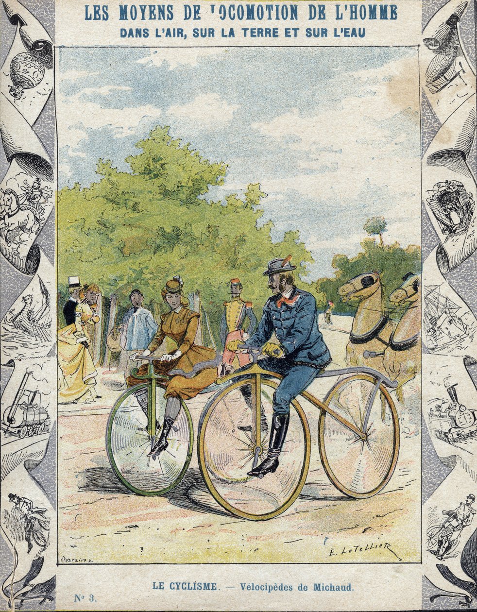 Pierre Michaux e velocipedi Michaudine - Da una copertina protettiva per libri scolastici, fine XIX secolo - velocipedi a pedale (le michaudine) di Pierre Michaux (1813-1883) da E. Letellier