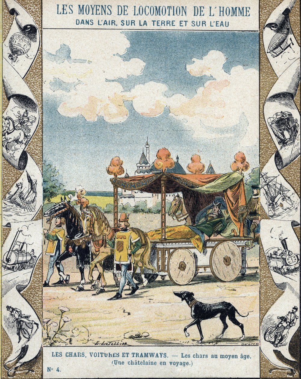 Carri armati nel Medioevo - Una castellana in viaggio - illustrazione di E Letellier - Taccuino storico, fine XIX secolo da E. Letellier