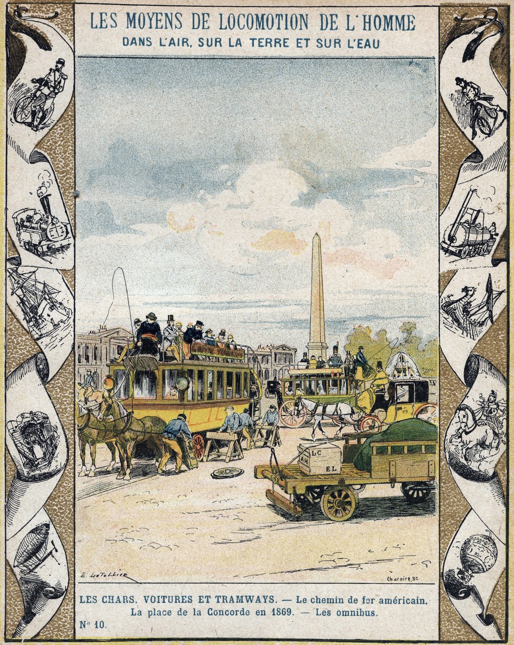 Traffico in Place de la Concorde a Parigi nel 1869: omnibus trainato da cavalli e "chemin de fer américain" (linea tramviaria) - Da una copertina protettiva per libri scolastici, fine XIX secolo da E. Letellier