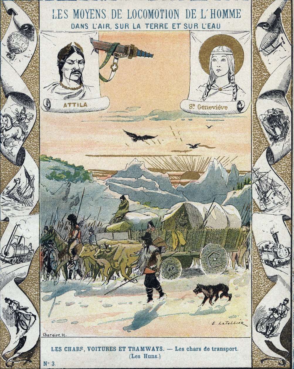 Carri armati - Gli Unni di Attila (ca. 395-453) - Invasioni barbariche - illustrazione di E Letellier - Quaderno storico protetto, fine XIX secolo da E. Letellier