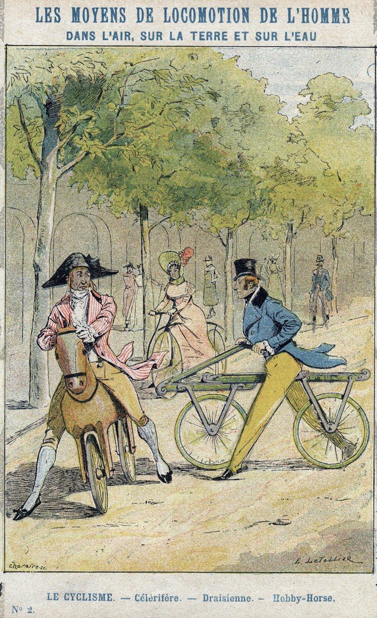 Velocipedi - Celerifero inglese - Draisienne, antenato della bicicletta - Da una copertina protettiva per libri scolastici, fine XIX secolo - illustrazione di E Letellier da E. Letellier