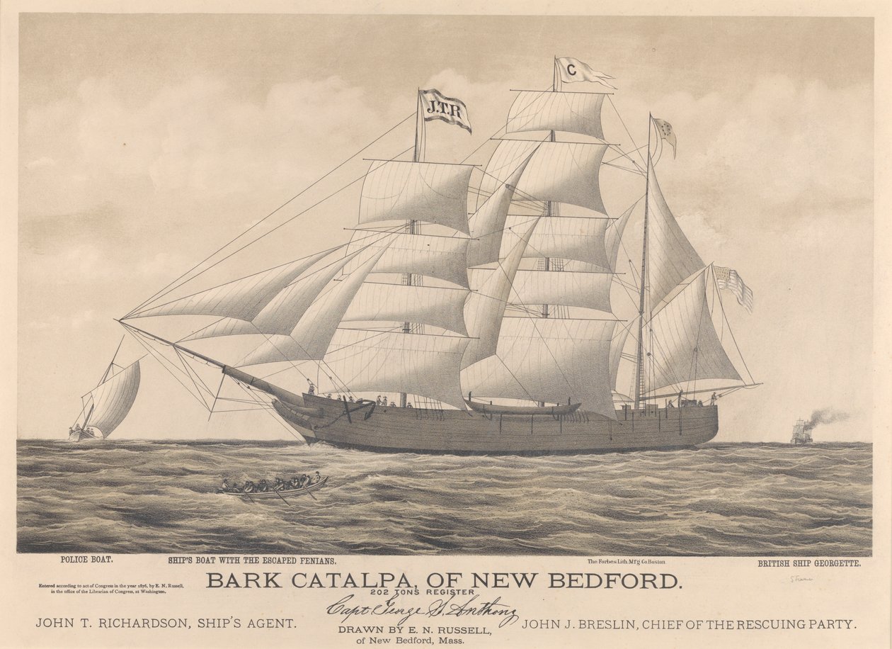 Bark Catalpa di New Bedford, barca della polizia, barca della nave e nave britannica Georgette da E. N. Russell