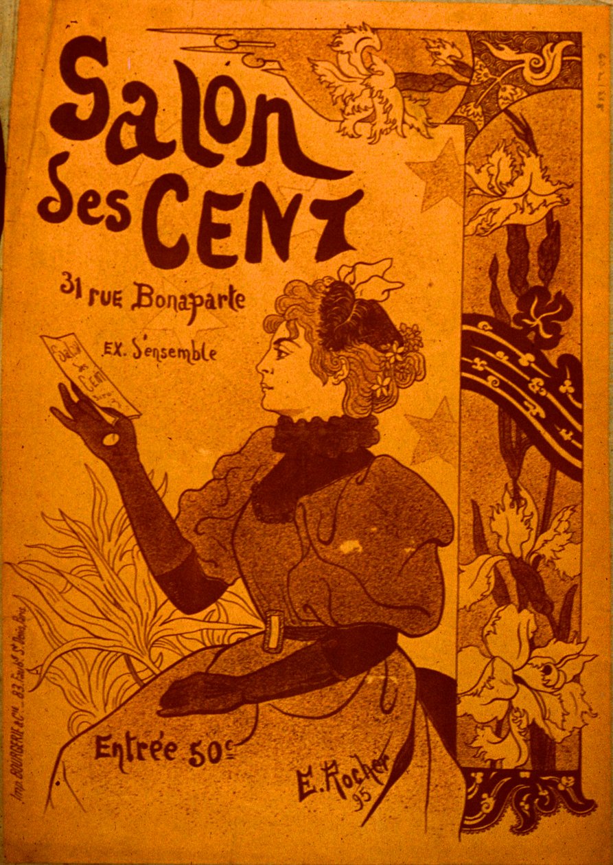 Una donna che esamina un invito, Salon des Cent da E. Rocher