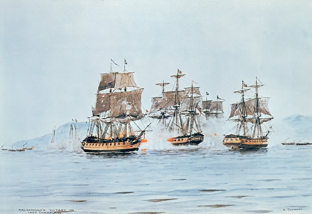 Il Commodoro Macdonough nella Saratoga sconfigge i britannici, Battaglia del Lago Champlain da E. Tufnell