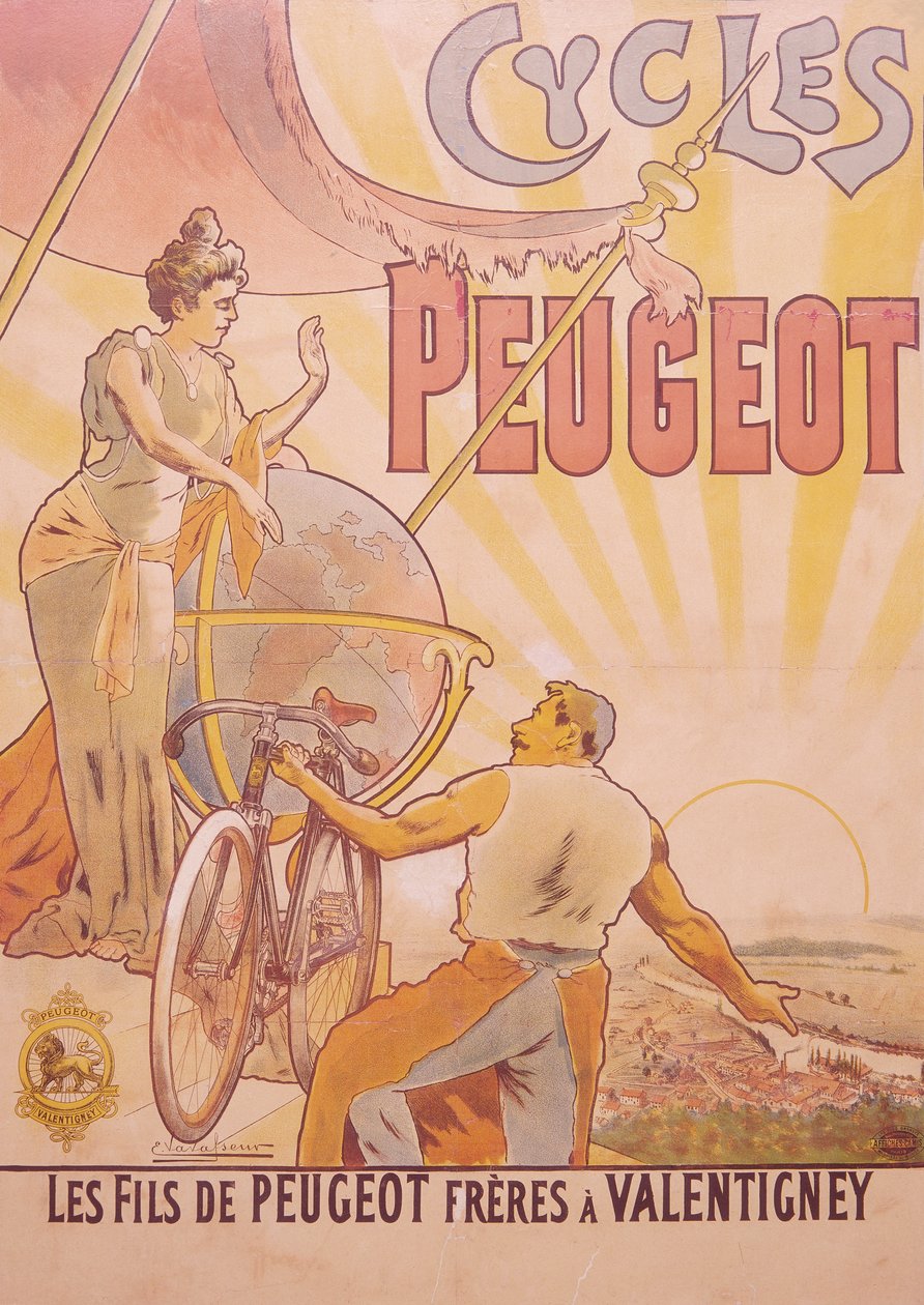 Poster pubblicitario per biciclette Peugeot, fine XIX-inizio XX secolo da E Vavasseur