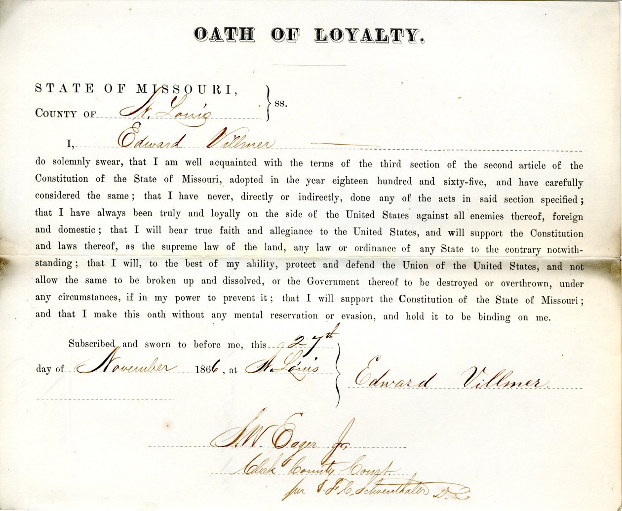 Giuramento di fedeltà di Edward Villmer del Missouri, Contea di St. Louis da E. Villmer