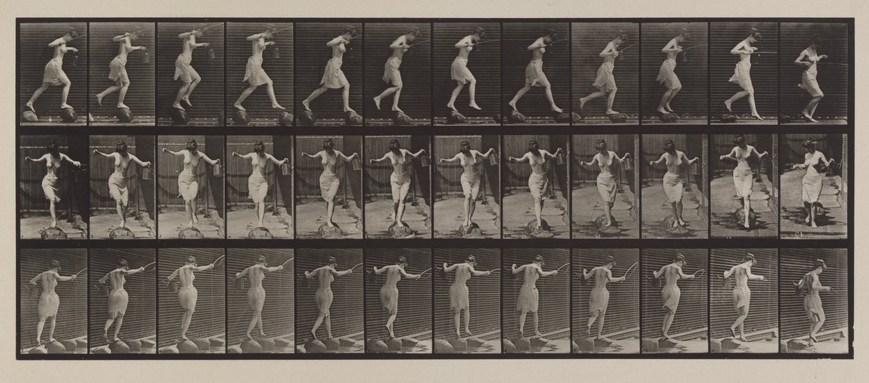 Tavola numero 175. Attraversamento del ruscello su pietre con canna da pesca e lattina, 1887 da Eadweard Muybridge
