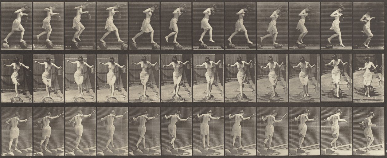 Piastra numero 175. Attraversamento del ruscello su pietre con una canna da pesca e una lattina, 1887 da Eadweard Muybridge