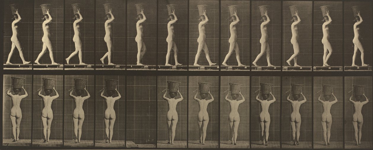 Tavola numero 34. Camminare e portare un cesto di 15 libbre sulla testa, mani alzate, 1887 da Eadweard Muybridge