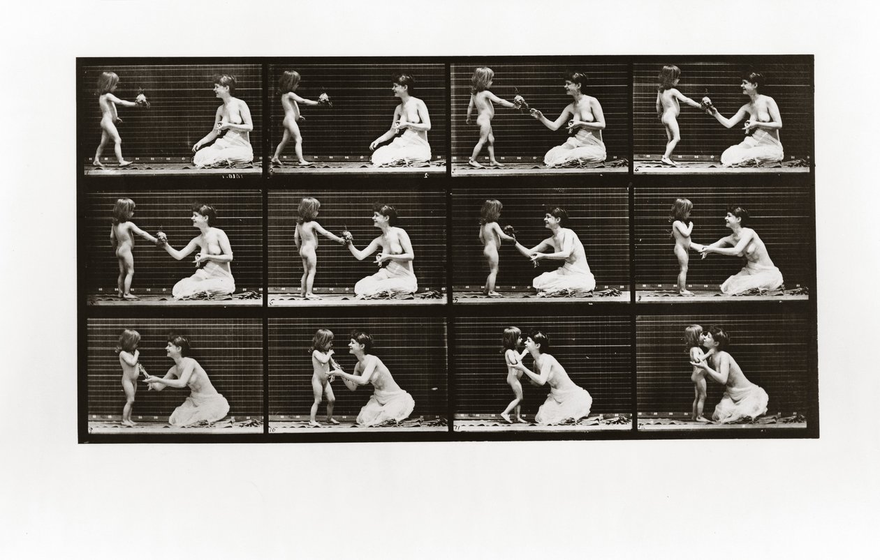 Bambino che porta un bouquet a una donna, Tavola 465 da Animal Locomotion da Eadweard Muybridge