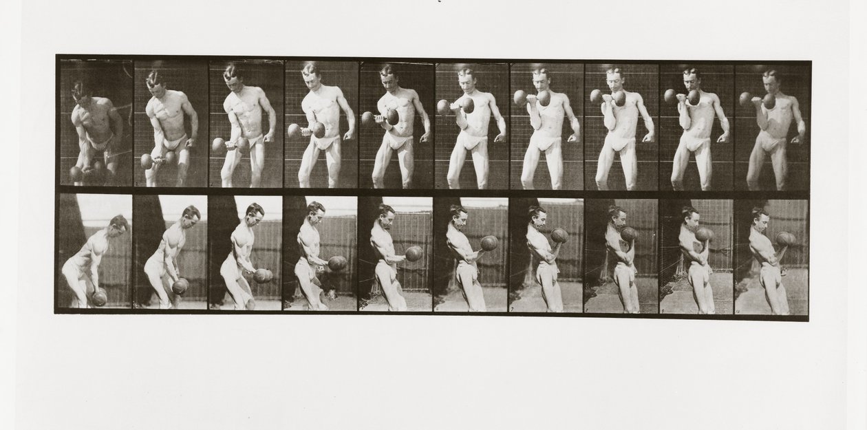 Uomo che solleva un manubrio, Tavola 324 da Animal Locomotion, 1887 da Eadweard Muybridge