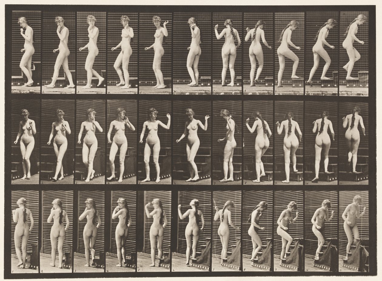 Tavola 101. Girarsi e salire le scale, salutando con la mano da Eadweard Muybridge