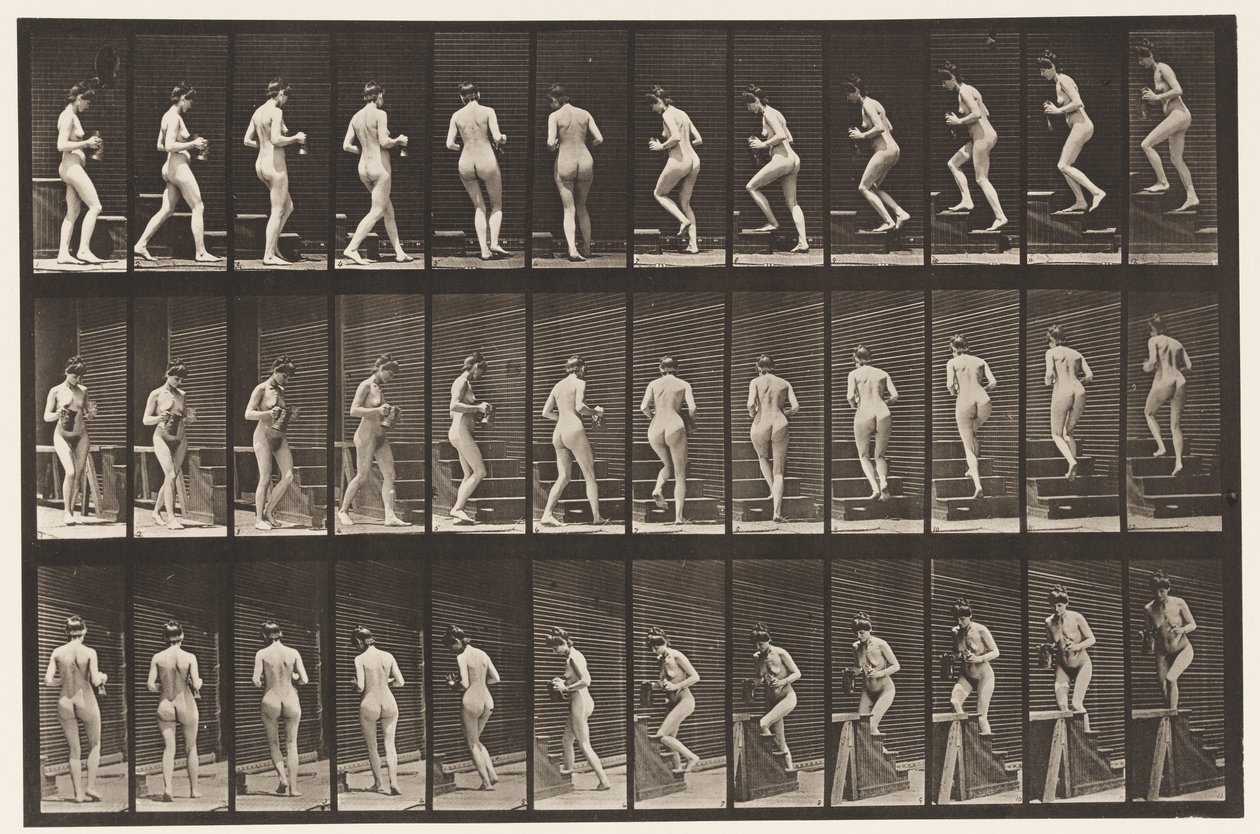 Girarsi e salire le scale, brocca e bicchiere in mano, 1872-1885 da Eadweard Muybridge