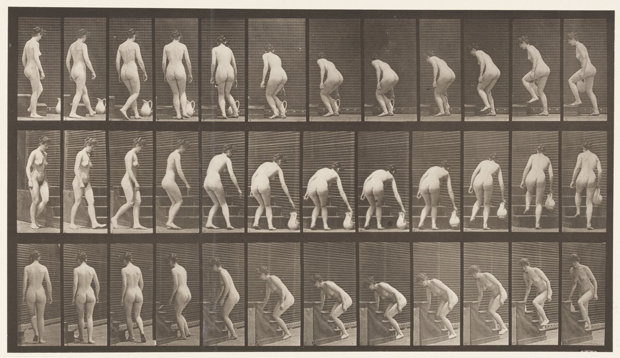 Girarsi per salire le scale, piegarsi, sollevare una brocca, 1872-1885 da Eadweard Muybridge