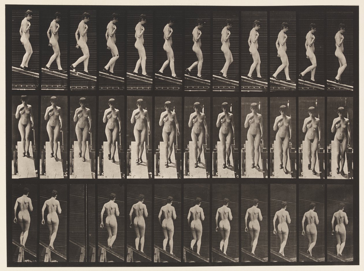 Piatto 119. Discesa, mano destra sul petto (scarpe) da Eadweard Muybridge
