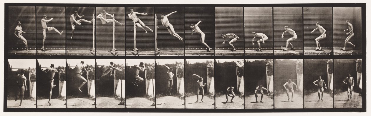 Tavola 158. Saltare; salto in alto con torsione in corsa (scarpe) da Eadweard Muybridge