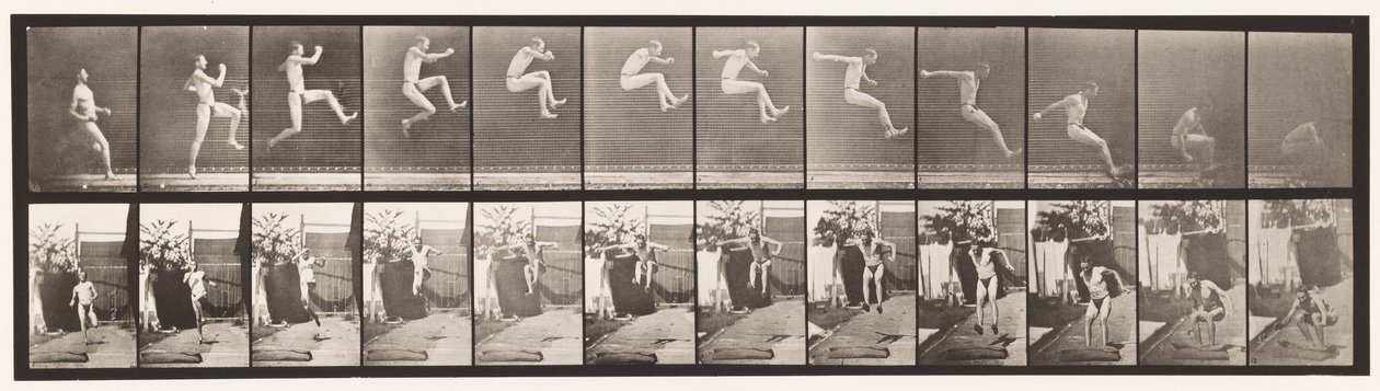 Saltare; correre salto in lungo (con scarpe) (tavola 159) da Eadweard Muybridge