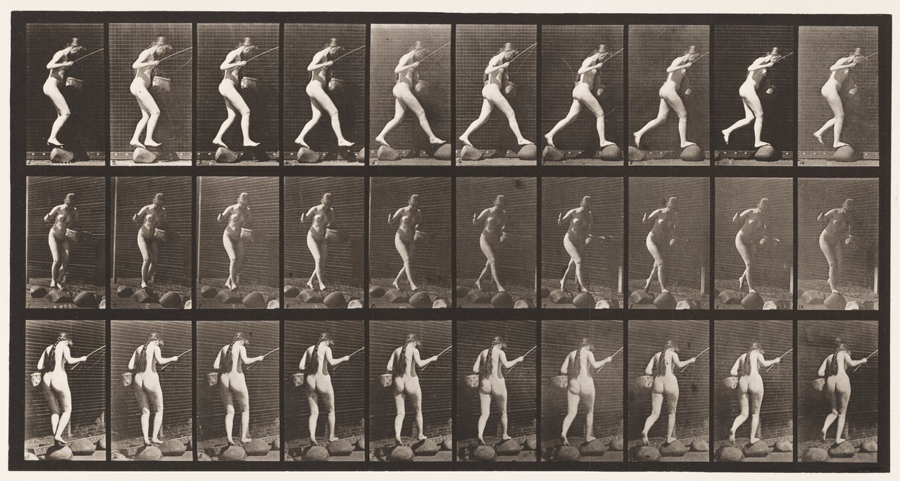 Tavola 176. Attraversare un ruscello su pietre con canna da pesca e cestino da Eadweard Muybridge