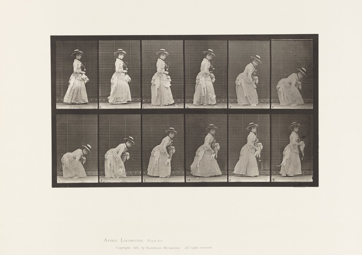 Chinarsi e sollevare un fazzoletto; parasole nella mano sinistra da Eadweard Muybridge