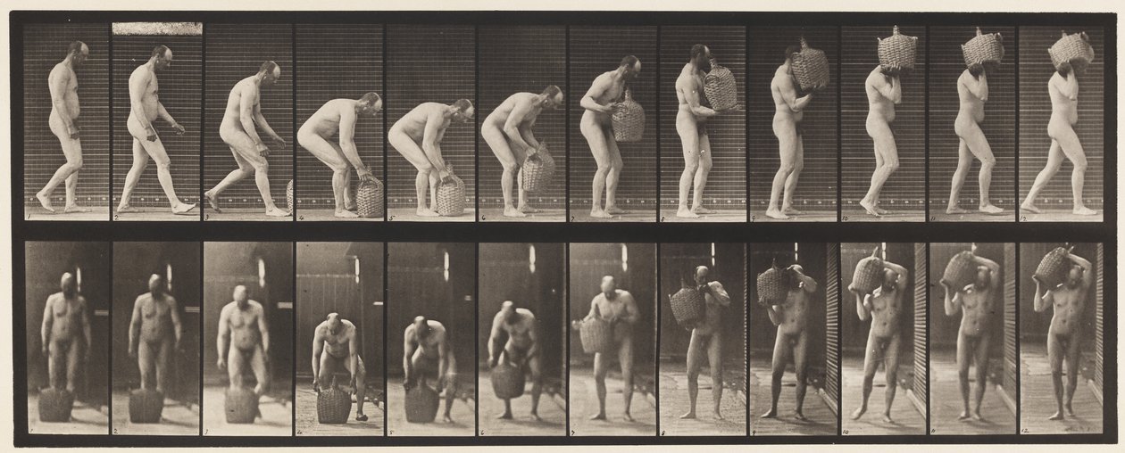 Tavola 218. Piegamento e sollevamento di un demijohn pieno sulla spalla da Eadweard Muybridge