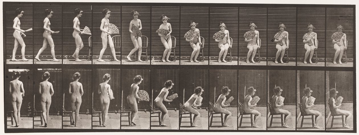 Tavola 237. Sedersi su una sedia e aprire un ventaglio, 1872-1885 da Eadweard Muybridge