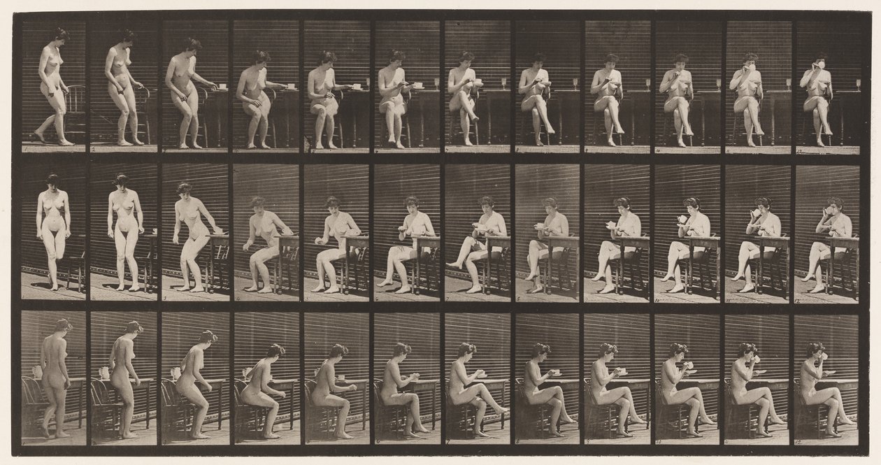 Piatto 238. Seduto su una sedia, incrociando le gambe, bevendo da una tazza da tè da Eadweard Muybridge