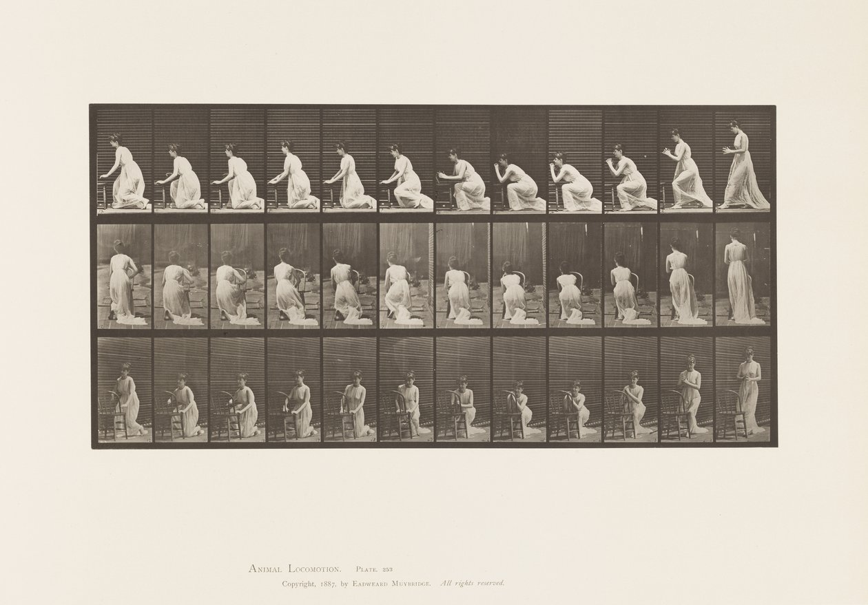 Inginocchiarsi con i gomiti sulla sedia, mani giunte da Eadweard Muybridge