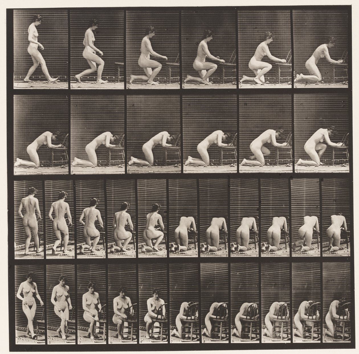 Inginocchiarsi, gomiti sulla sedia, mani giunte (tavola 254) da Eadweard Muybridge