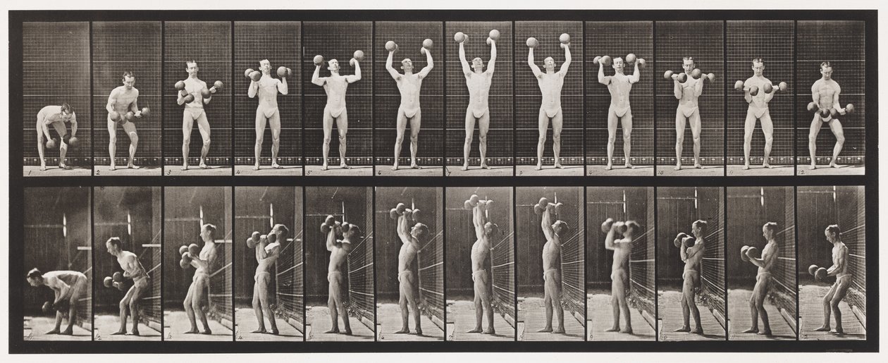 Piastra 322. Sollevamento e abbassamento di due manubri da 50 libbre da Eadweard Muybridge