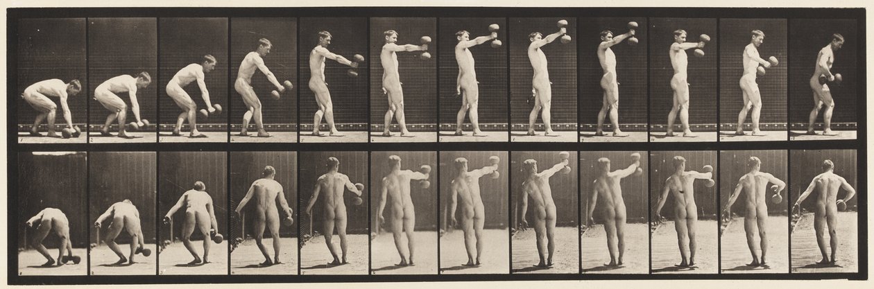 Tavola 326. Sollevamento di un manubrio da 50 libbre a braccio teso da Eadweard Muybridge