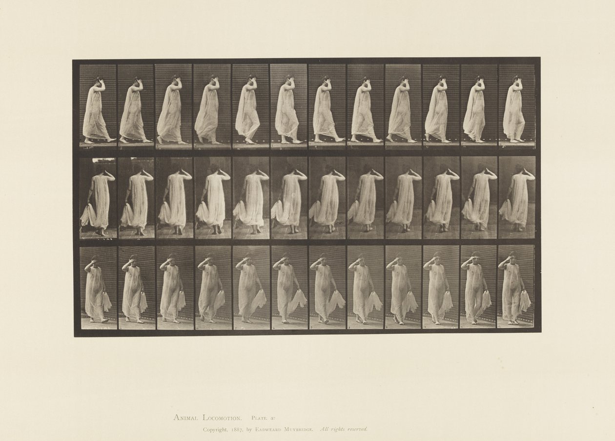 Camminare, mano sinistra che tiene il vestito, mano destra al viso da Eadweard Muybridge