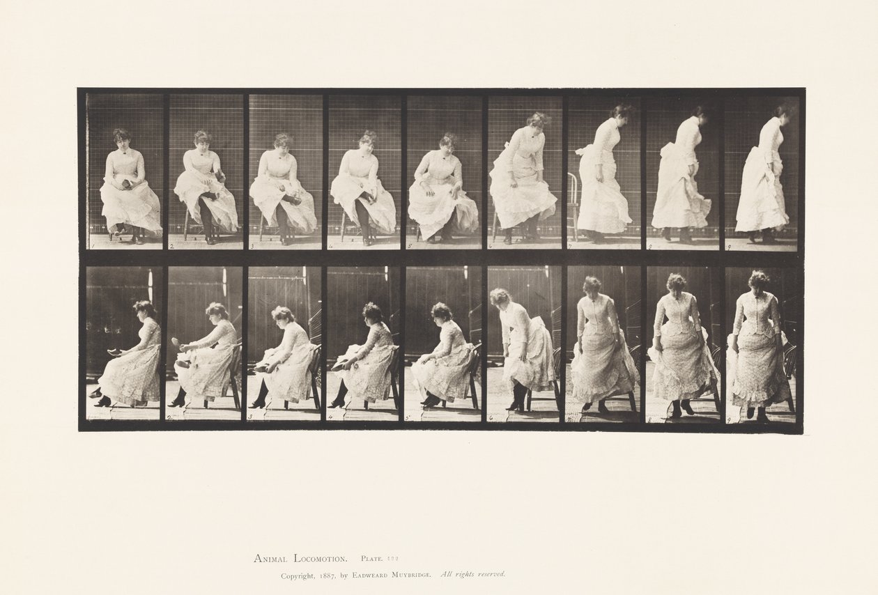 Tavola 422. Toilette; mettersi le scarpe e alzarsi dalla sedia, 1885 da Eadweard Muybridge
