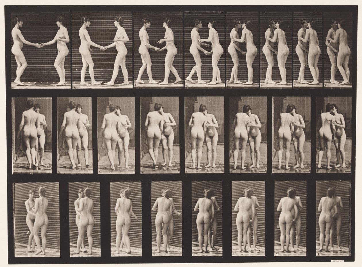 Due modelli che si stringono la mano e si baciano da Eadweard Muybridge