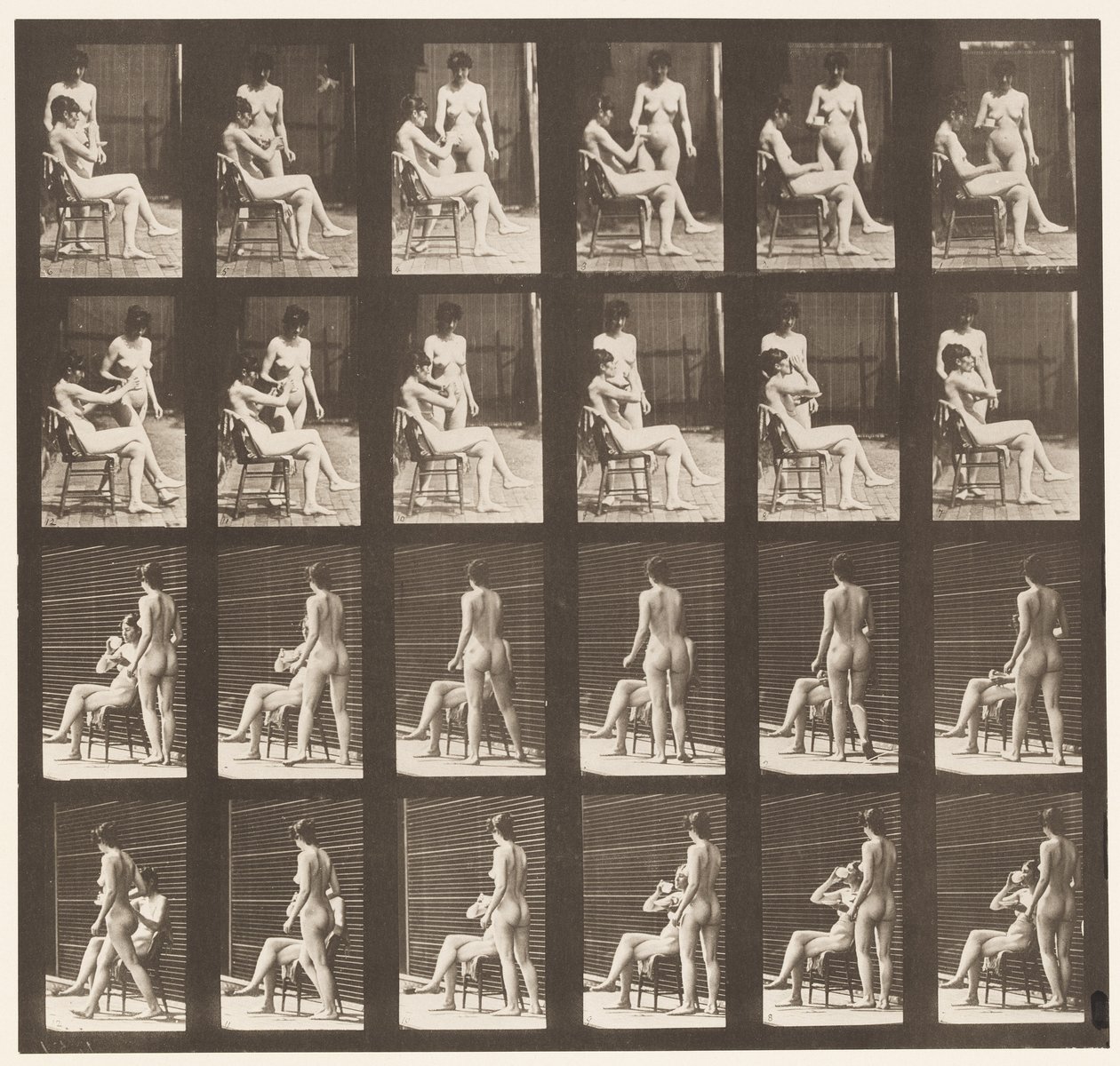 Due Modelli, 8 Porta una Tazza di Tè, 1 Prende la Tazza e Beve, 1872-1885 da Eadweard Muybridge