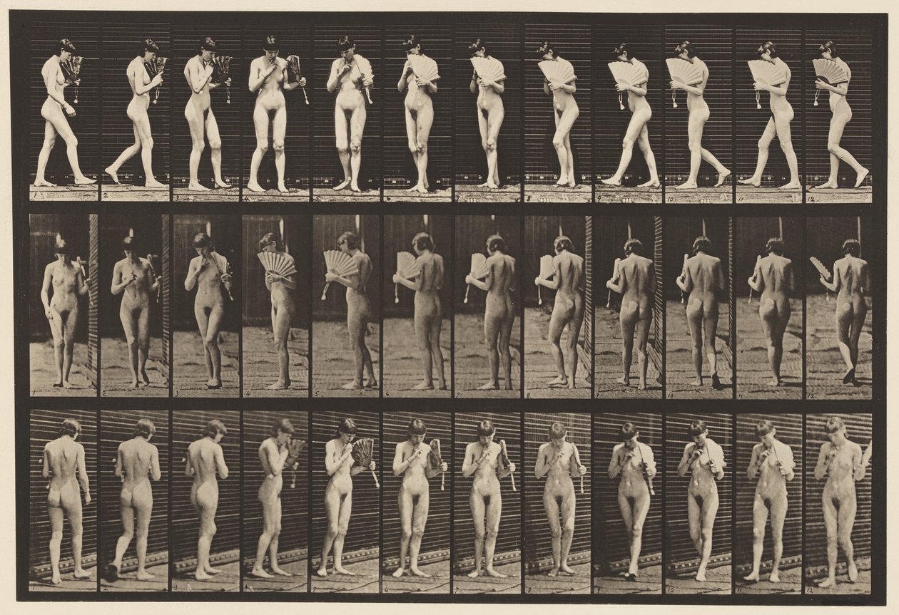 Piastra 46. Camminare, sventolare un ventaglio e girarsi da Eadweard Muybridge