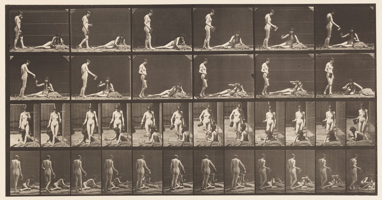 Due modelli; uno in piedi e riempie un calice da Eadweard Muybridge