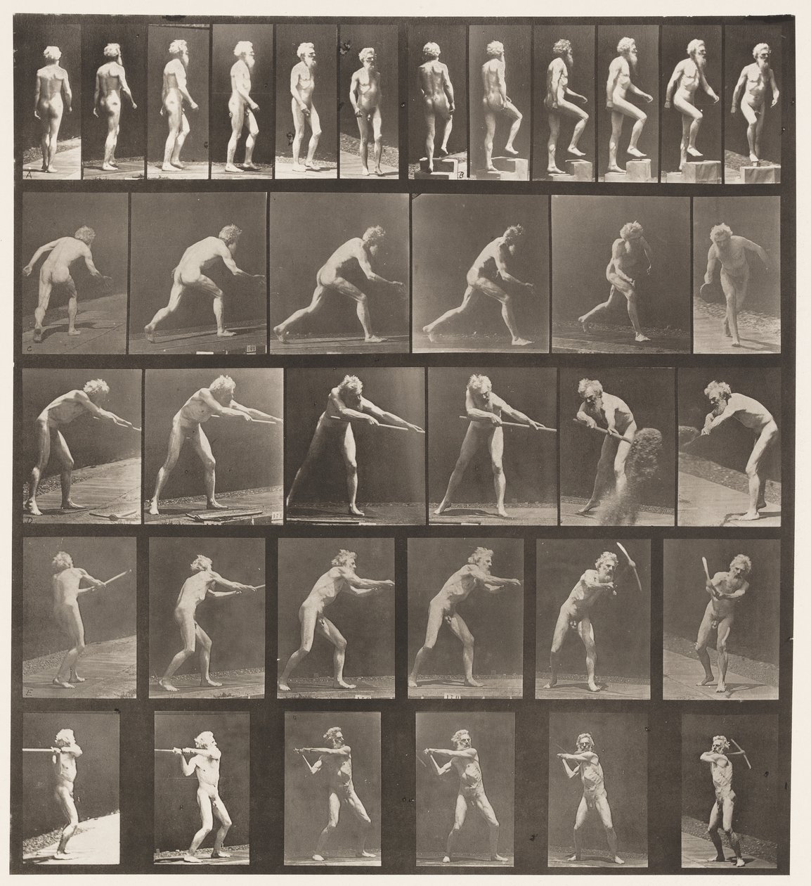 Camminare, salire un gradino, lanciare un disco (tavola 521) da Eadweard Muybridge