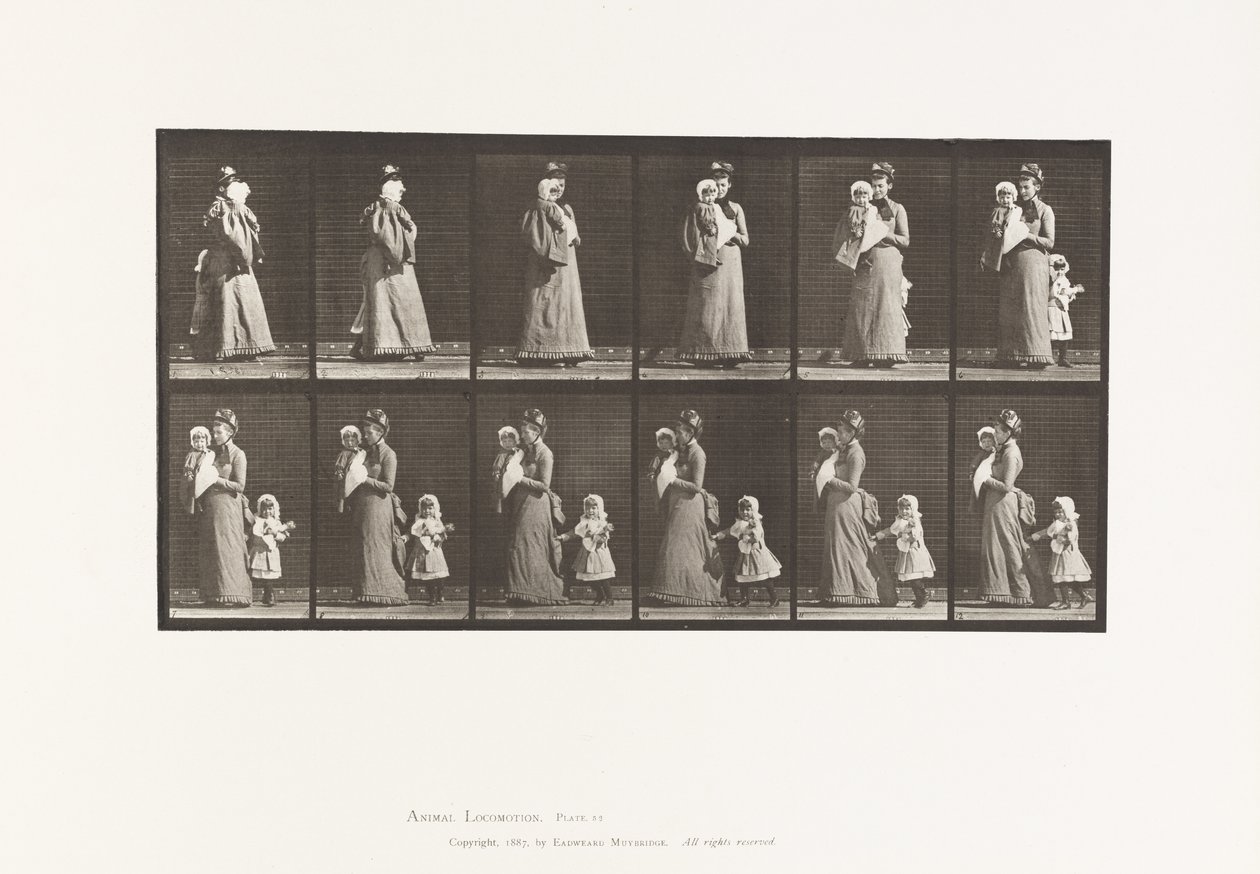 Tavola 52. Camminare portando un bambino, girarsi; un altro bambino che si aggrappa al vestito da Eadweard Muybridge