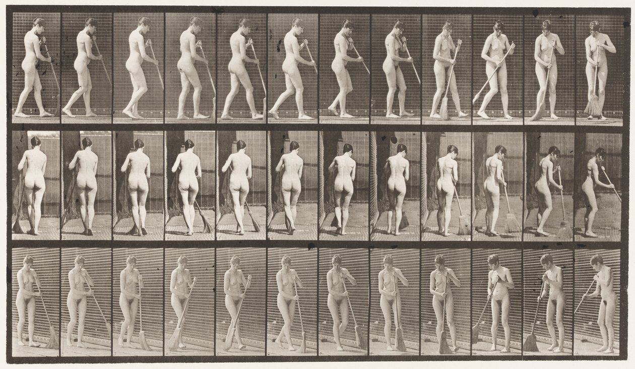 Camminare, girarsi spazzando il pavimento (tavola 58) da Eadweard Muybridge