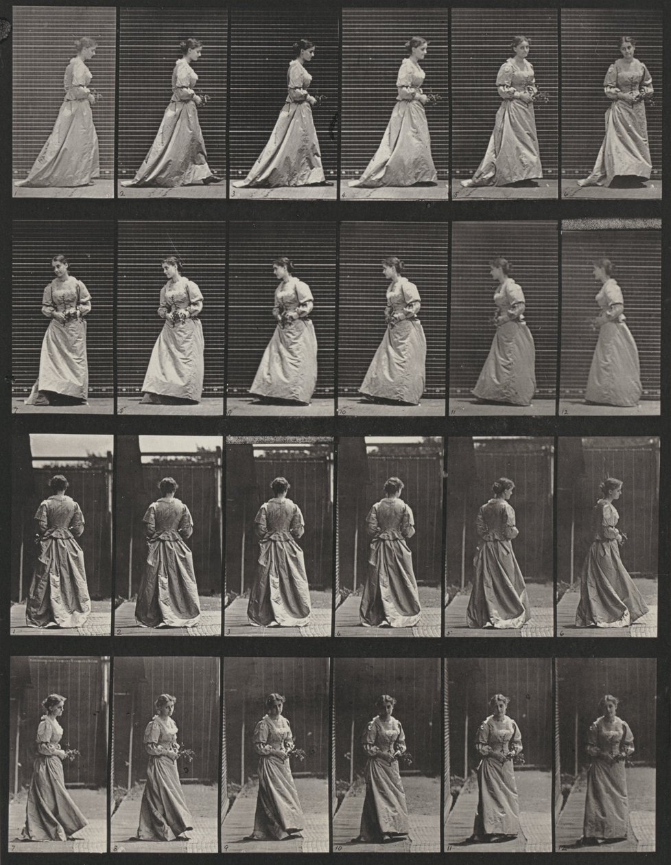 Tavola numero 48. Camminare e voltarsi con un bouquet in entrambe le mani da Eadweard Muybridge