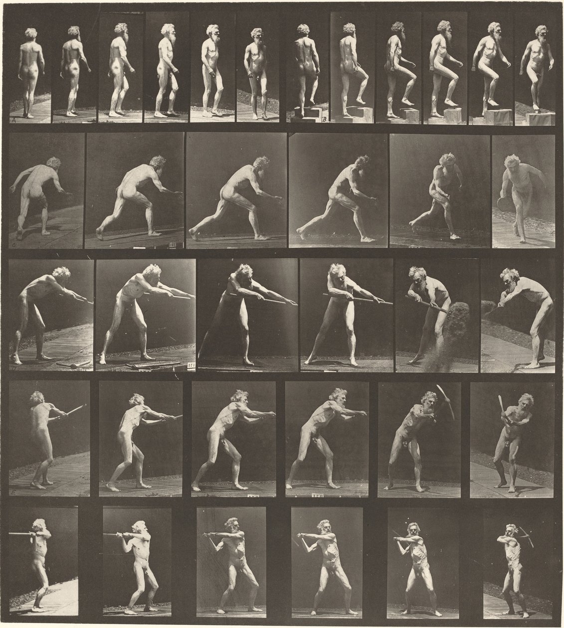 Tavola numero 521. A: Camminare. B: Salire un gradino. C: Lanciare il disco. D: Usare la pala. E, F: Usare il piccone da Eadweard Muybridge