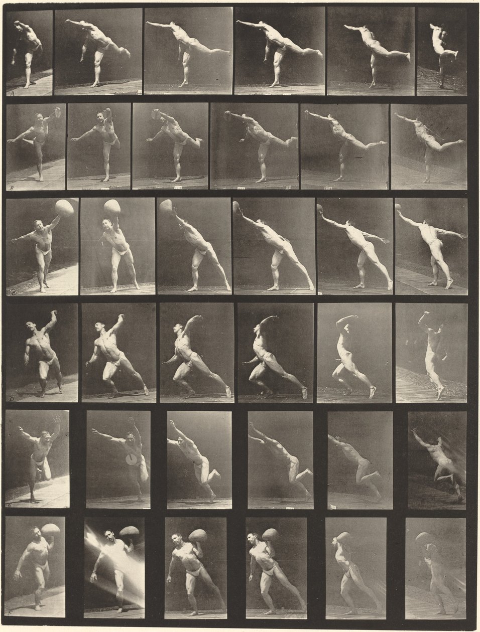 Piastra Numero 523. A: Colpo. B, E: Lancio del disco. C, F: Sollevamento di una pietra da 75 libbre. D: Lancio di una palla da Eadweard Muybridge
