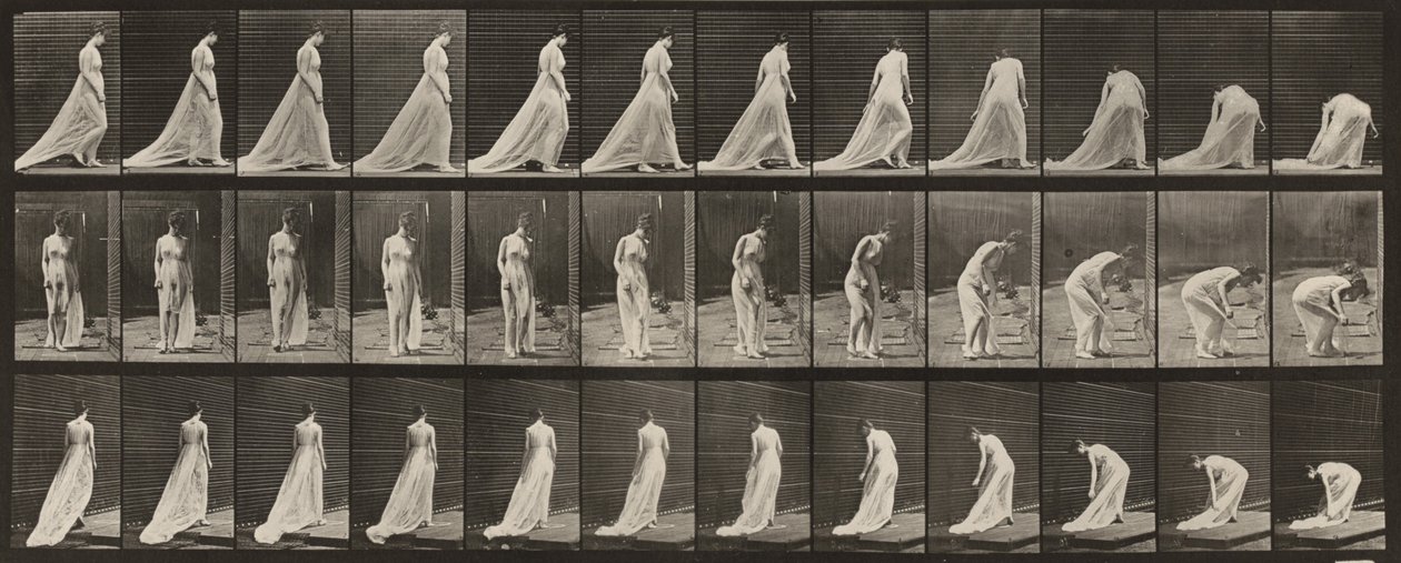 Tavola n. 56. Camminare, girarsi e chinarsi per sollevare la scia da Eadweard Muybridge